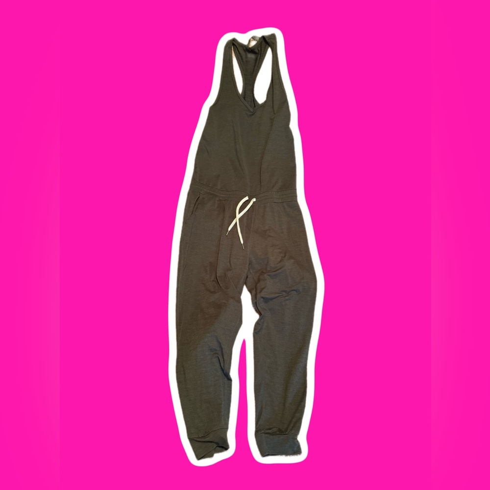 Vuori Dark Olive Heather Racerback Jumpsuit with Drawstring Waist